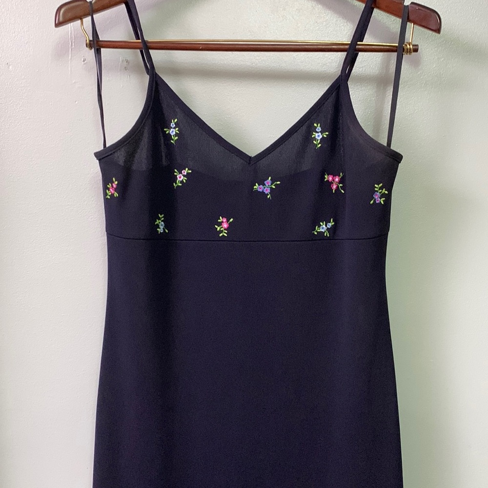 Vintage 90’s Smart Set Dark Navy Dress Embroidered with Mini Flowers
